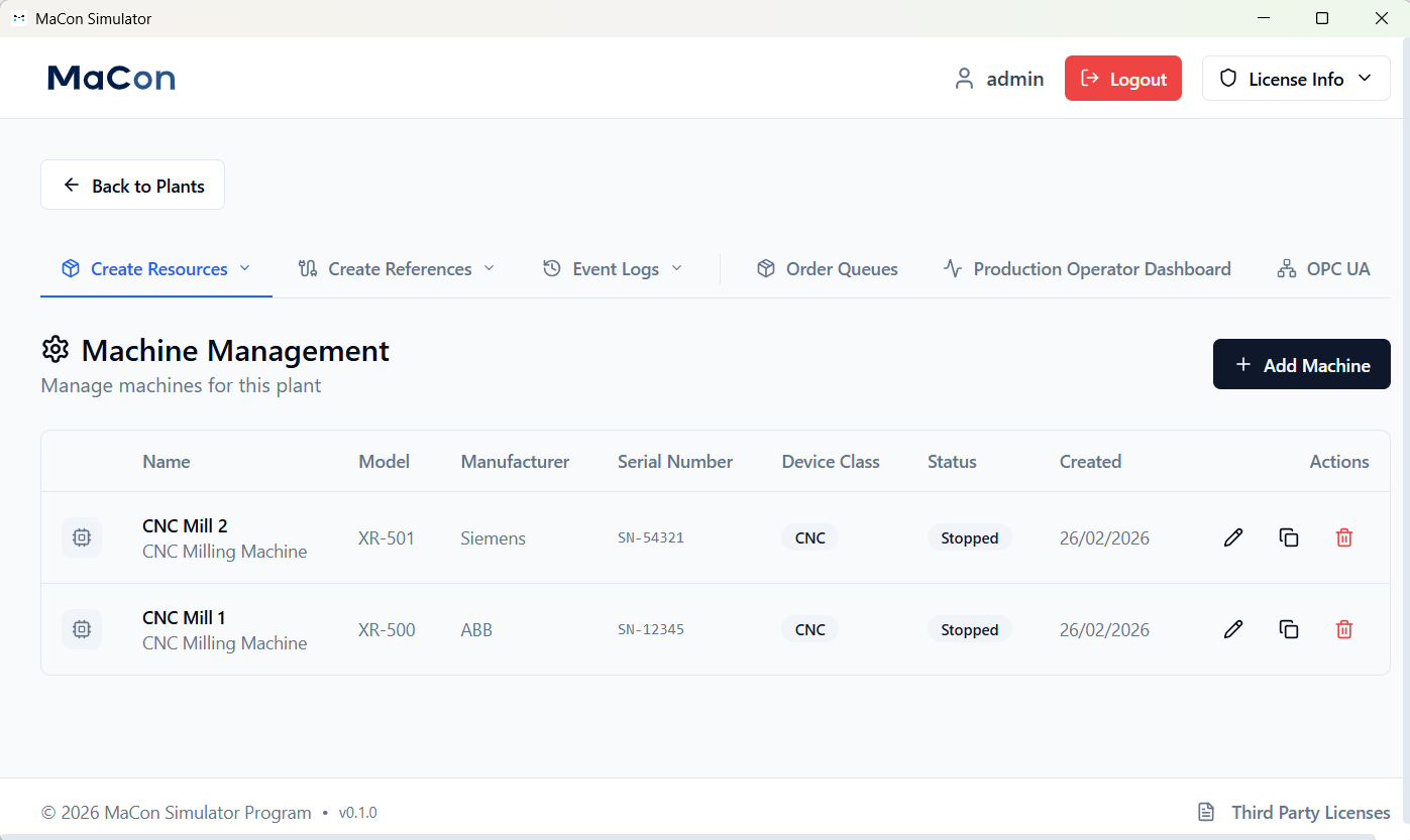MaConSim Machine Management