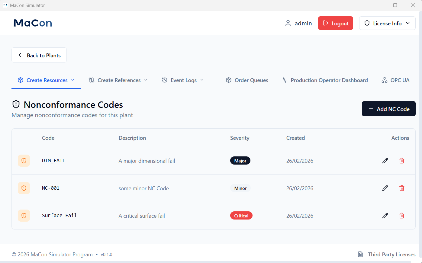 MaConSim Nonconformance Codes